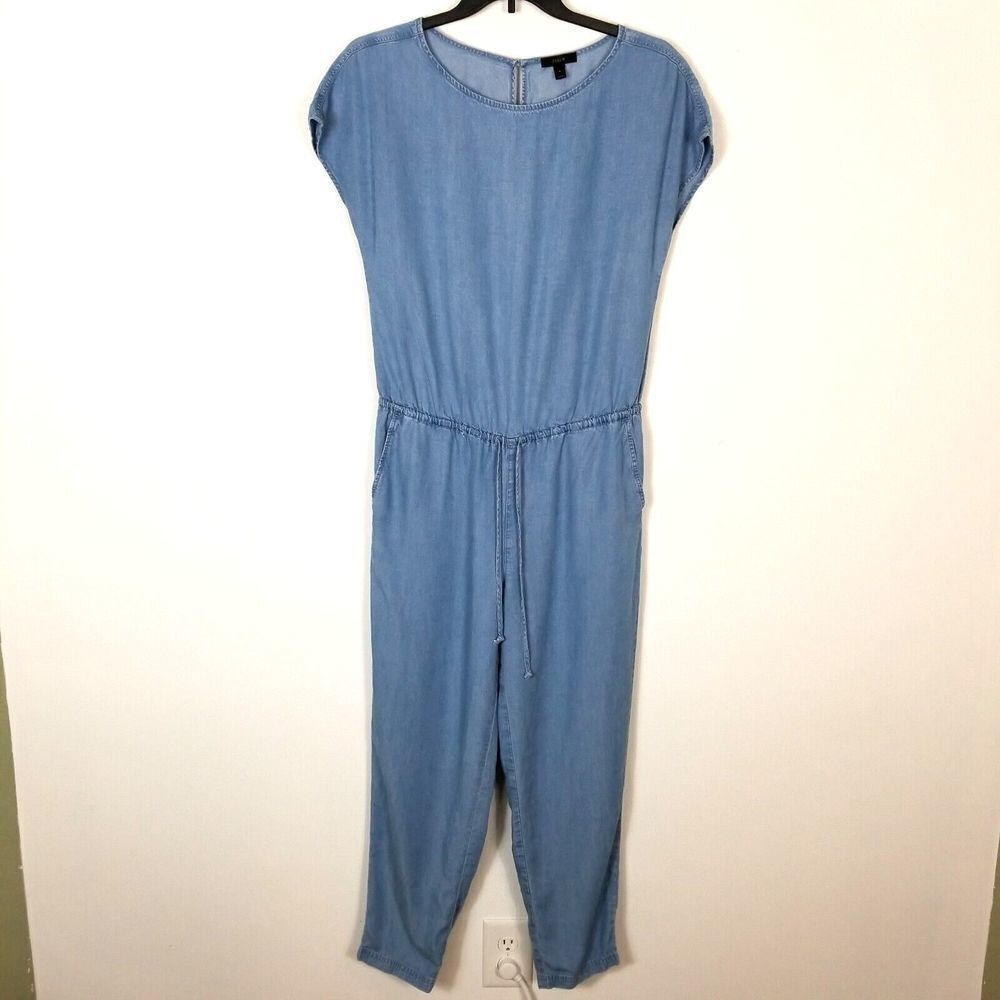 J.Crew Womens Chambray Jumpsuit Size S Short Sleeve Drawstring Waist Blue Relaxe